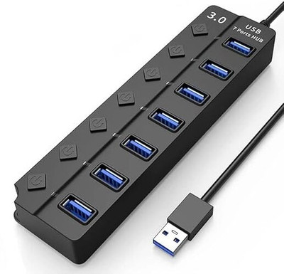 CLVMART 7 Port USB Hub 7 Port USB Hub 3.0,USB Data Hub Splitter USB Hub USB Hub 3.0 5Gbps High Speed 7 Port USB 3.0 Hub On/Off Switch for Laptop USB Hub(Black)