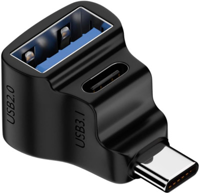 RuhZa 90° Angle USB C 1 in 2 Adapter USB C 3.1 Male to USB C 3.1+USB 2.0 Dual Female Right Angle Connector 20Gbps/100W Charging/Projection Screen Laptop Accessory(Black)