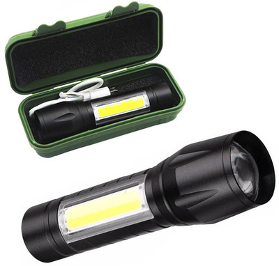 WRADER Zoomable LED Torch Light with Side Searchlight Flashlight Portable Torch Light 6 hrs Torch Emergency Light(Black)