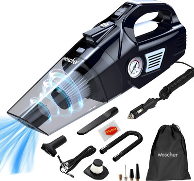 Woscher 578, 2in1 Portable Air Compressor Tyre Inflator with Car Vacuum Cleaner, DC12V High Power 5500PA Handheld Car Vacuum w/LED Light, 12FT Power Cord, for Wet/Dry Use, Tyre Inflator Car Vacuum Cleaner(Black)