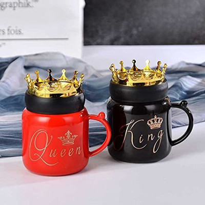 ViaZAID King & Queen Coffees with Golden Crown lid,Tea Ceramic Cup Gifts for Couples Ceramic Coffee Mug(450 ml, Pack of 2)