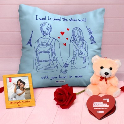 Indigifts Cushion, Artificial Flower, Greeting Card, Soft Toy, Photoframe Gift Set