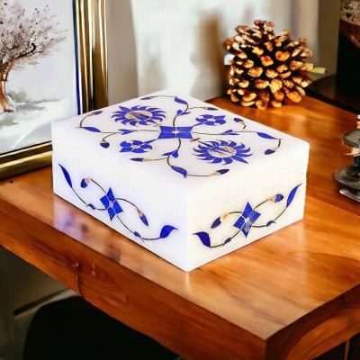 Pooja Creation White Marble Jewellery Box Home Decor Item For Girls Bedroom Decorative Showpiece  -  10 cm(Marble, Blue)
