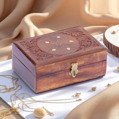 WOODINO Rustic Wooden Keepsake Box – 6x4 Sheesham with Brass Inlay Design makeup and jewellery Vanity Box(Brown)