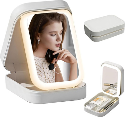 SWARUPNIDHI Travel LED Makeup Bag with Adjustable 3-Color Mirror Jewelry Organizer (White) Portable LED Makeup Bag Vanity Box(White)