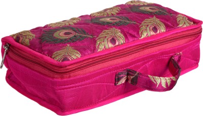 KUBER INDUSTRIES Satin Morpankh Jewellery Kit with 4 Flap Pouch & 2 Compartment|Pink Jewellery Vanity Box(Pink)