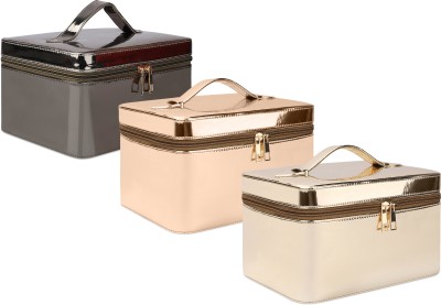 NFI essentials Pack of 3 Makeup Bag Cosmetic Box Jewelry Bridal Box Make up Box Makeup Vanity Box(Gold, Rose Gold, Gunmetal)