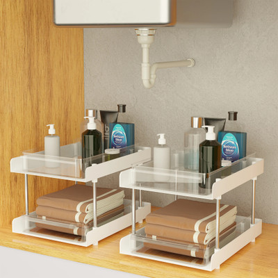 KUBER INDUSTRIES 2 Pcs Clear Sliding 2-Layer Makeup Drawer Storage Organizer Box\Stand | White Storage Organizer Box Vanity Box(White)