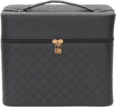 viulvuk Premium Cosmetic Bag with Mirror & Multiple Compartments for Girls | Portable Travel Toiletry Kit Storage Makeup Case for Women, Both Side 2 Layer Open Tray in Vanity Box(Black)