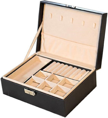 NISHIV 2 Layer Jewelry Box Storage Organizer Lockable Drawer Velvet Lining PU Leather for Bracelet Ring Watch Earring Necklace Vintage Gift for Mother Vanity Box(Black)