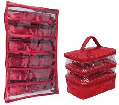 ultimatefashionista Combo Pack of 2 Pcs 6Rod Satin Bangle Box and Transparent PVC Makeup Kit Make Up Vanity Bag, Multipurpose Kit Vanity Box(Maroon, Red)