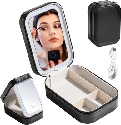 Dwiti Enterprise Jewellery Storage Box With LED Mirror Portable Makeup Box with Touch Sensor NA Vanity Box(Black)