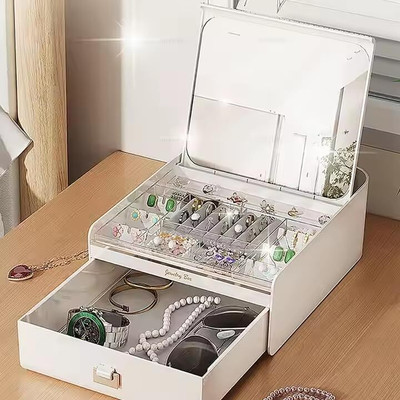 VDNSI PU Leather-Jewelry Organizer-Storage for Necklaces,Rings,Earrings,Bracelets drawer, mirror Vanity Box(White)