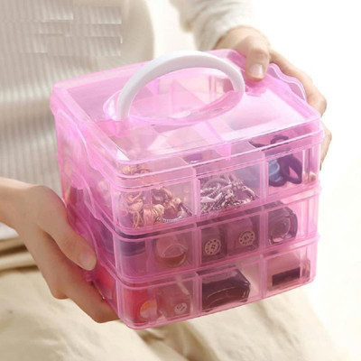 Enlix 3 Layer 18 Grid Storage Jewelry Organizer Detachable Plastic Make up Organiser Jewelry, Make-up, Cosmetics Vanity Box(Pink)