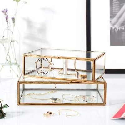 ARTINCO Multi Purpose Vintage Rectangular Brass Glass Box (18x12x5 cm) Jewelry Organizer Vanity Box(Gold)
