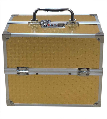 ANMOL MOTI MakeUp Vanity Box with 4 Trays Lock Handle and Mirror Makeup Vanity Box(Golden)