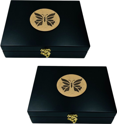 Angira handicrafts Elegant Wooden Storage Box with Velvet Interior,Traditional Kunda Lock(set of 2) Multipurpose, Jewellery Box, Storage box Vanity Box(Black)