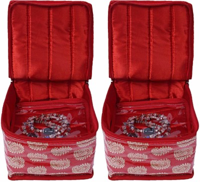 Home Style India Brocade Design Jewellery Kit | Make Up Kit With 10 Transparent Pouches | Jewellery Organizer Storage Box With Pouches (Pack of 2, Red) Vanity Box(Red)