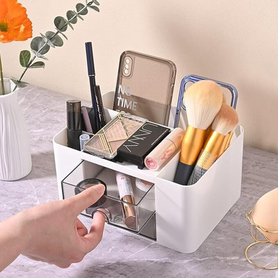 Envroeity Cosmetic Storage Box with Drawer and Compartments for Lipsticks Cosmetic Storage, Brush Holder Section, Multipurpose Compartment Vanity Box(White)