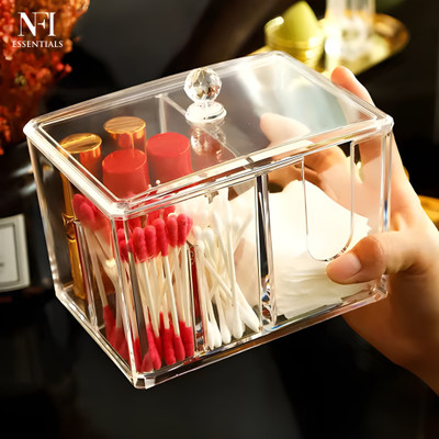 NFI essentials Acrylic Cotton Pad Cosmetic Storage Box with Lid Multipurpose Makeup Organizer Makeup Storage Vanity Box(Transparent)