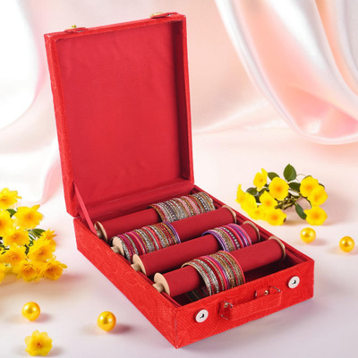 KUBER INDUSTRIES 4-Rod Bangles Organisers Storage Box with Magnetic Lock | Floral Print - Red Bangle Box Vanity Box(Red)