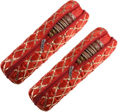 KUBER INDUSTRIES Polyester Gota Check Design Single Rod Bangle Box For Travel|Pack of 2|Red Bangle Box Vanity Box(Red)