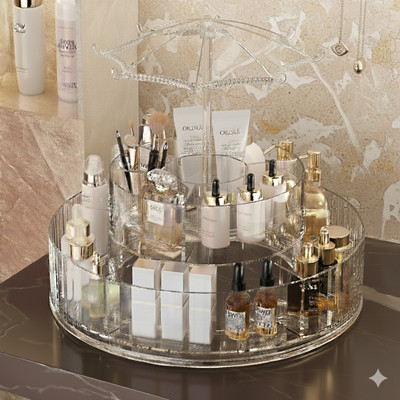 VRJK Makeup Organizer –Adjustable Skincare Carousel, Cosmetic Rack, Vanity Holder A12 Desktop Cosmetic Box, Jewelry Holder for Bathroom Vanity and Dressing Room Vanity Box(Transparent)