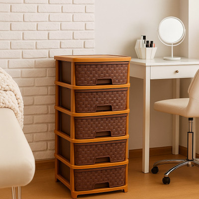 MAXTID 5 component Brown Plastic Modular Drawer Organizer for Home Office, school Box Vanity Box(Brown)