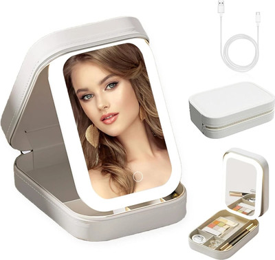 AKMOR Storage Makeup Box with LED Light Mirror | Portable Travel Makeup Cosmetics Storage Box | On-The-go Makeup Needs | Valentine's Gift for Girlfriend, Wife Vanity Box(White)