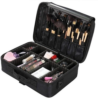 ROZIA Makeup kit for Girls Makeup Case Cosmetic Bag Brush Organizer and Storage 16.5 inches Travel Make Up Box 3 Layer Large Capacity Vanity with Adjustable Strap Makeup Vanity Box(Black)