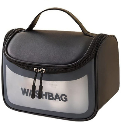 Queue Toiletry Zipper Clear Cosmetic Bag Pouch Transparent Pvc Wash Bag with Handle(Black)
