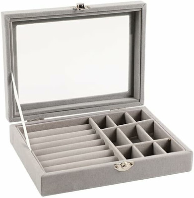 KriShyam ® Jewelry Organizer Display , Velvet Case Glass Lids, 9 Grids Storage Box Vanity Box Vanity Box(Grey)