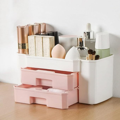 Vrajpolyplast 6 Compartments & 1 Drawer Display Case Makeup Organiser Vanity Box(Pink)
