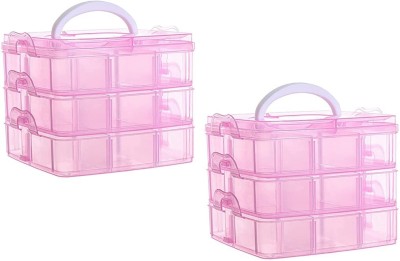 ALWAFLI 3-Layer 18-Grid Adjustable Cosmetic Storage Jewelery,Make Up Organizer Pack of 2 Nail Art, Make Up, Jewellery, Crafts, Arts, Sewing Tools,Small Toys Vanity Box(Pink)