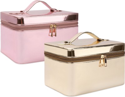 NFI essentials Pack of 2 Makeup Bag Cosmetic Box Jewelry Bridal Box Make up Box Makeup Vanity Box(Light Pink, Gold)