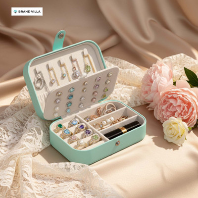 Brandvilla Portable PU Leather Organiser for Rings, Necklaces, Earrings Travel Jewellery Box Vanity Box(Blue)