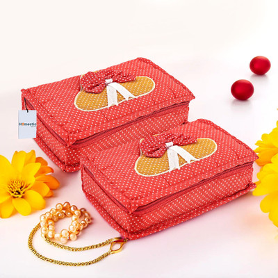 HOMESTIC Pack of 2 Dots Print Cosmetic Organisers Storage Box With 7 Pockets | Red Jewelery Organizer Vanity Box(Red)