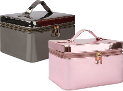 NFI essentials Pack of 2 Makeup Bag Cosmetic Box Jewelry Bridal Box Make up Box Makeup Vanity Box(Light Pink, Gunmetal)