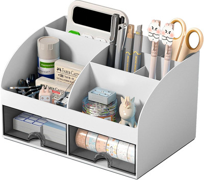 Zeinwap 8 Compartments Plastic Multifunctional Desk Organiser with 6 Compartments & 2 Drawer(White)