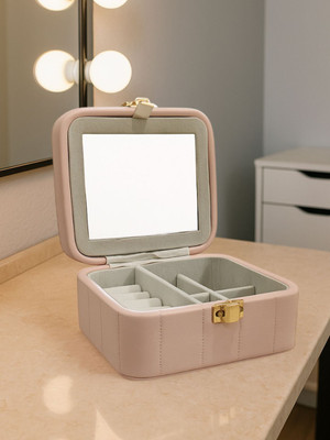AARVIDECOR Premium Faux Leather Jewellery Organizer Box with Mirror Travel-Friendly Storage Case for Rings, Earrings & Accessories Vanity Box(Pink)