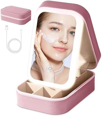 AORDEY LED Vanity Jewelry Box with Mirror – USB Rechargeable Organizer for Makeup Cosmetic Bag With Led Mirror Vanity Box(Pink)