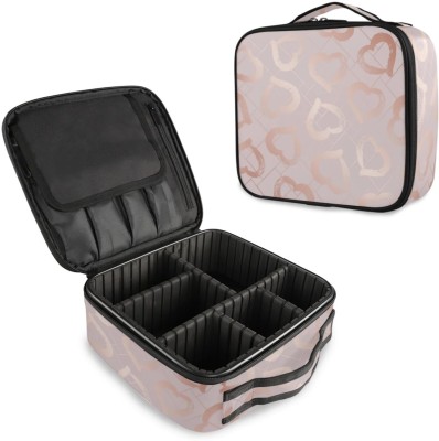 HOUSE OF QUIRK Makeup Cosmetic Storage Case with Adjustable Compartment - (Pink Hearts) Makeup Vanity Box(Pink)