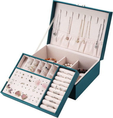 VINSU Leather Jewelry Storage Box – Multi-Layer Organizer with Ring Rolls Jewellery Vanity Box(Green)
