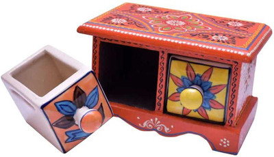 Rajshri Creation Handcrafted Wooden Ceramic Box with Two Colorful Floral Storage Drawers Multipurpose, Jewellery Vanity Box(Multicolor)