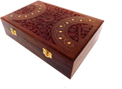 Handicraft SHEESHAM WOOD MADE BRASS INLAY AND CARVING WORK RECTANGLE SHAPE JEWELLERY BOX Vanity Box(Brown)