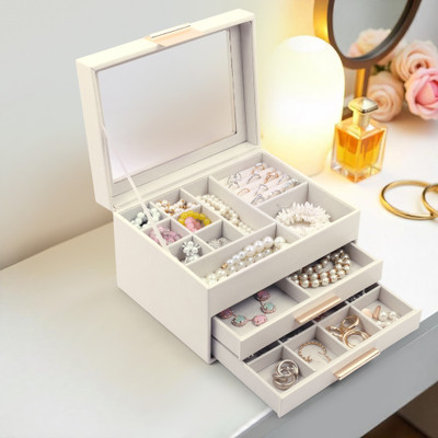 KriShyam ® Clear Lid Jewelry Box,3 Layers Jewelry Organizer with 2 Drawers Large Multi-Functional Jewelry Storage Box for Necklace Earrings Bracelets Rings Vanity Box(White)