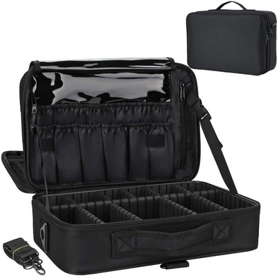 LACOPINE Large Capacity Makeup Bag,Cosmetic Organizer with Removable And Adjustable Dividers and Strap for Cosmetics Makeup Brushes Accessories Make Up, Jewelry Vanity Box(Black)