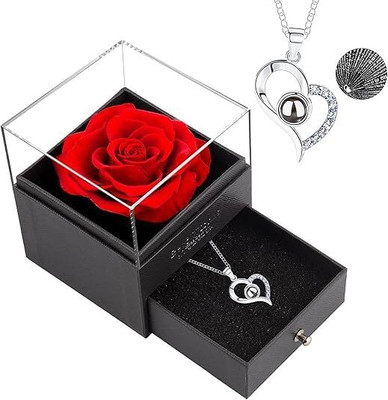 SANGOZ Preserved Flower Rose with Love You Necklace in 100 Languages Jewellery (Chain) Vanity Box(Silver, Black)