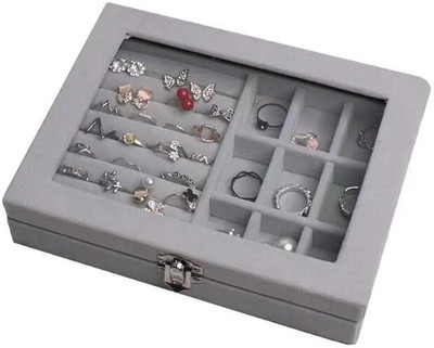Glitzn Display Ring & Earring Organizer-Adjustable 12 Compartment & 8 Rows for Jewellery, mackeup Vanity Box(Grey)