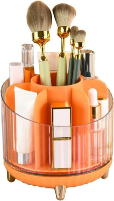 Star Work SPACIOUS MAKEUP BRUSH STORAGE CONTAINER FOR VANITY DECOR CLEAR SPINNING DESKTOP 360 degree rotatable 7 campatment Vanity Box(Orange)
